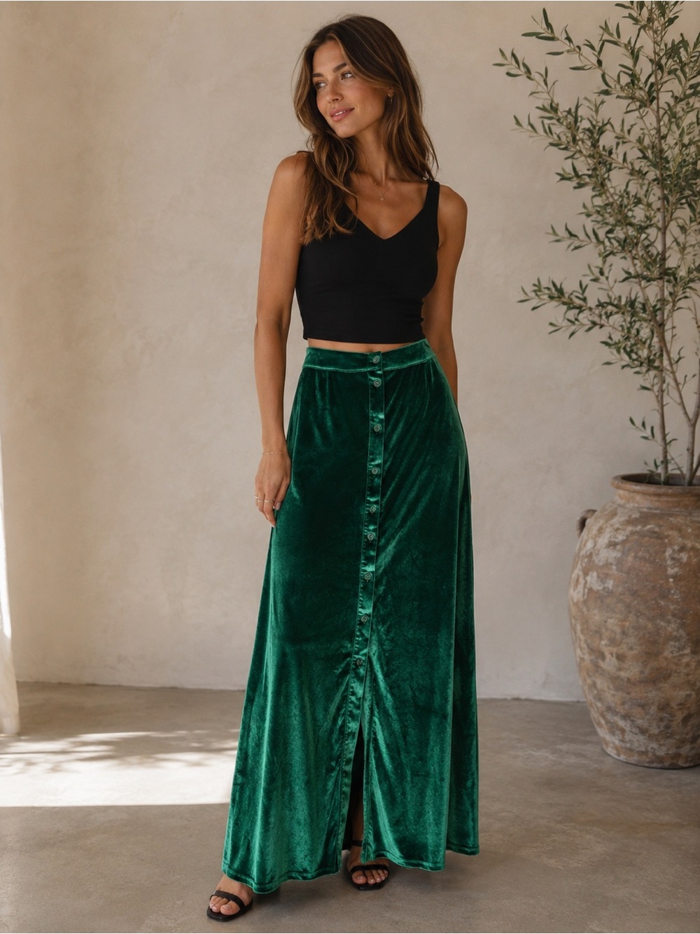 Thorn & Fable Emerald Green Velvet Maxi Skirt XS Fairy Whimsigoth Button Front